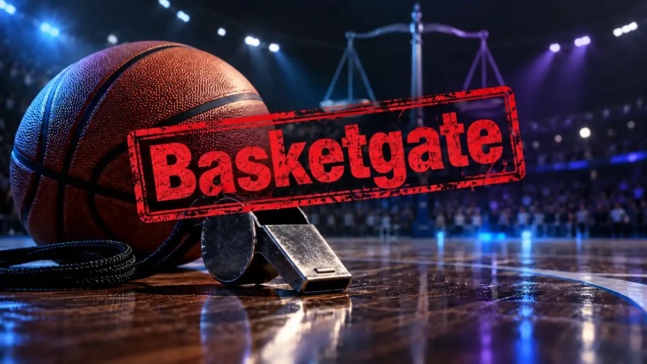 Basketgate, κόκκινη σφραγίδα σε εικονογράφηση μπάσκετ